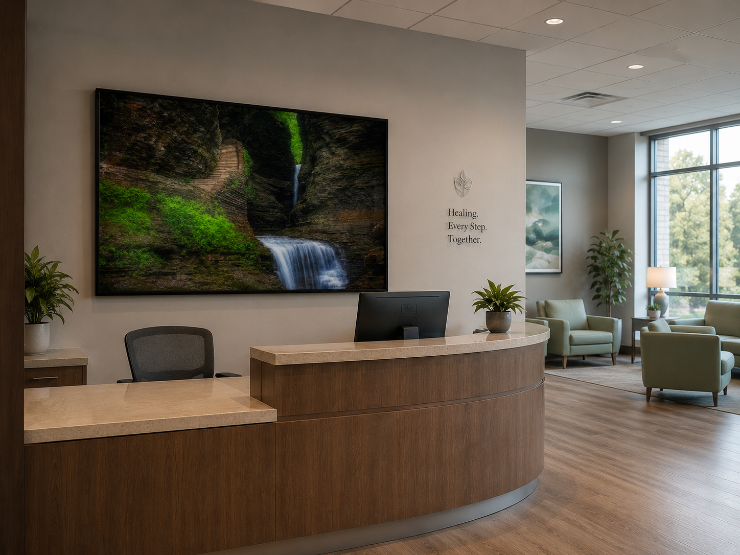 Restorative health wellness center lobby with atmospheric coastal landscape art by Dan Sproul