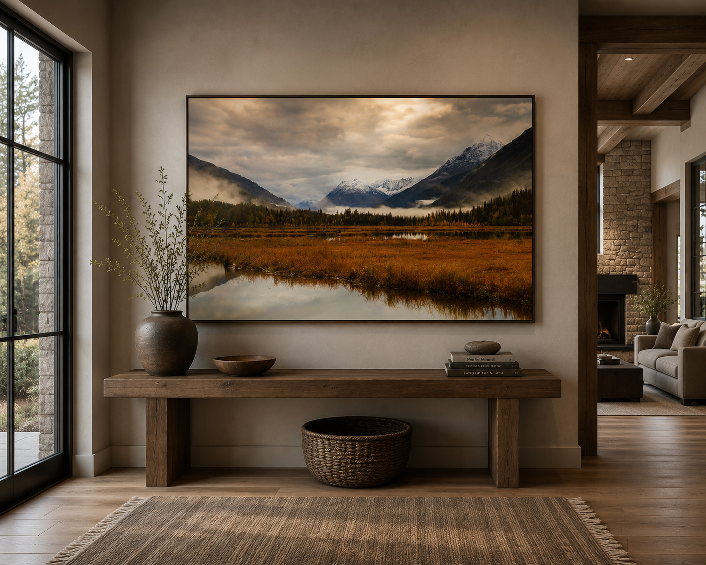 Alaska mountain lake photography in luxury residential entryway