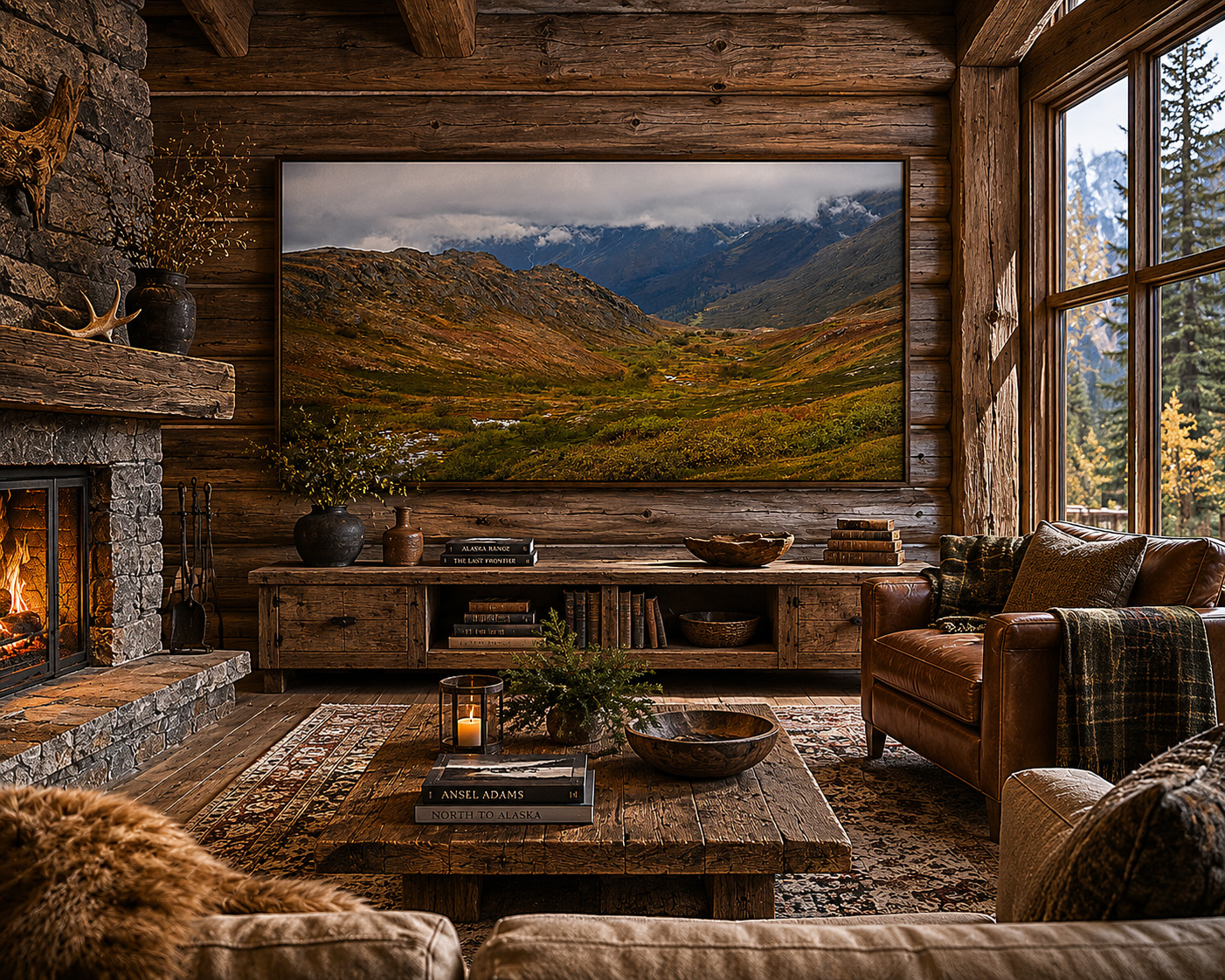 Alaska autumn landscape photography in rustic cabin interior
