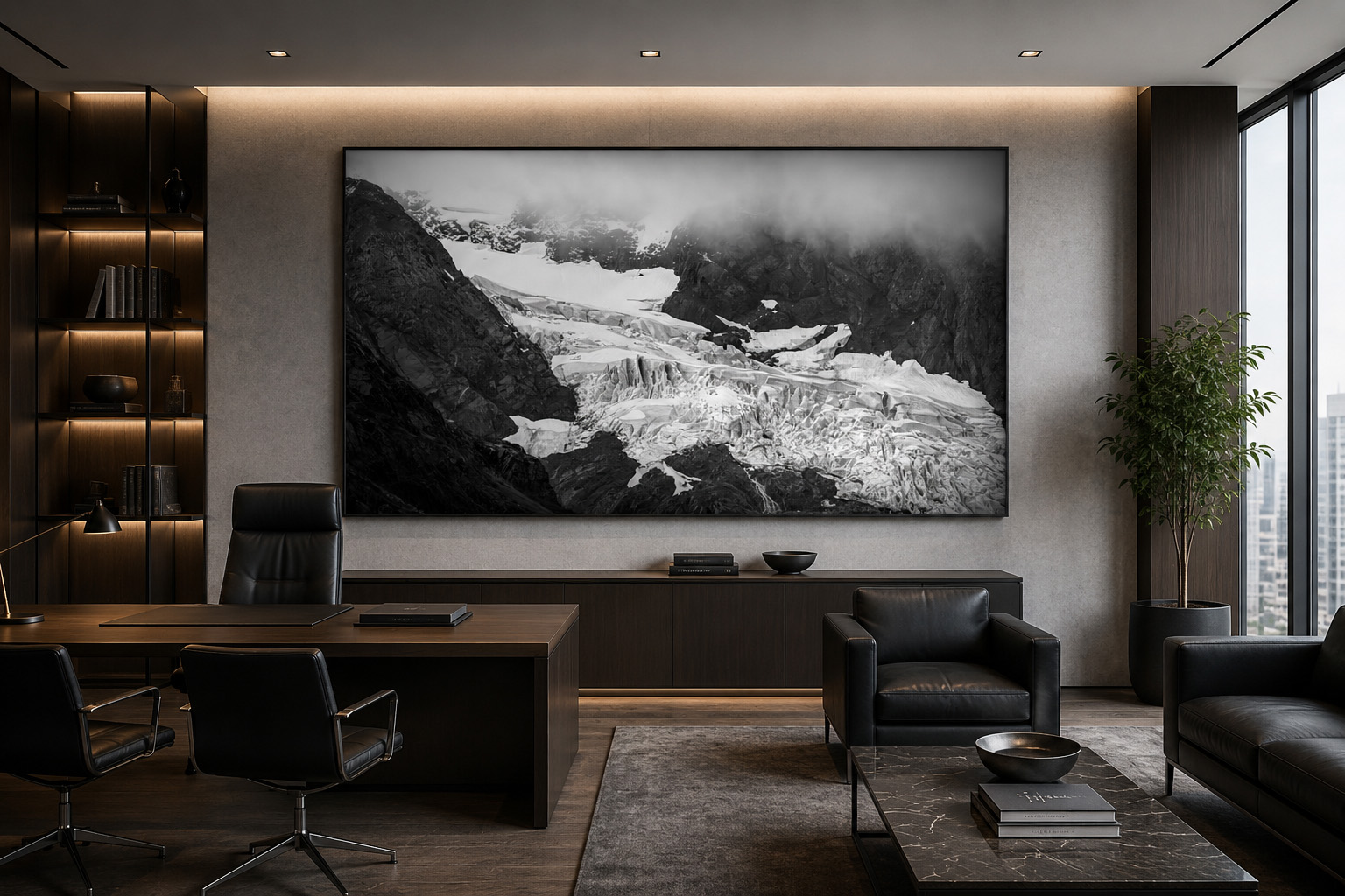 Black and white Alaska glacier photography in executive office