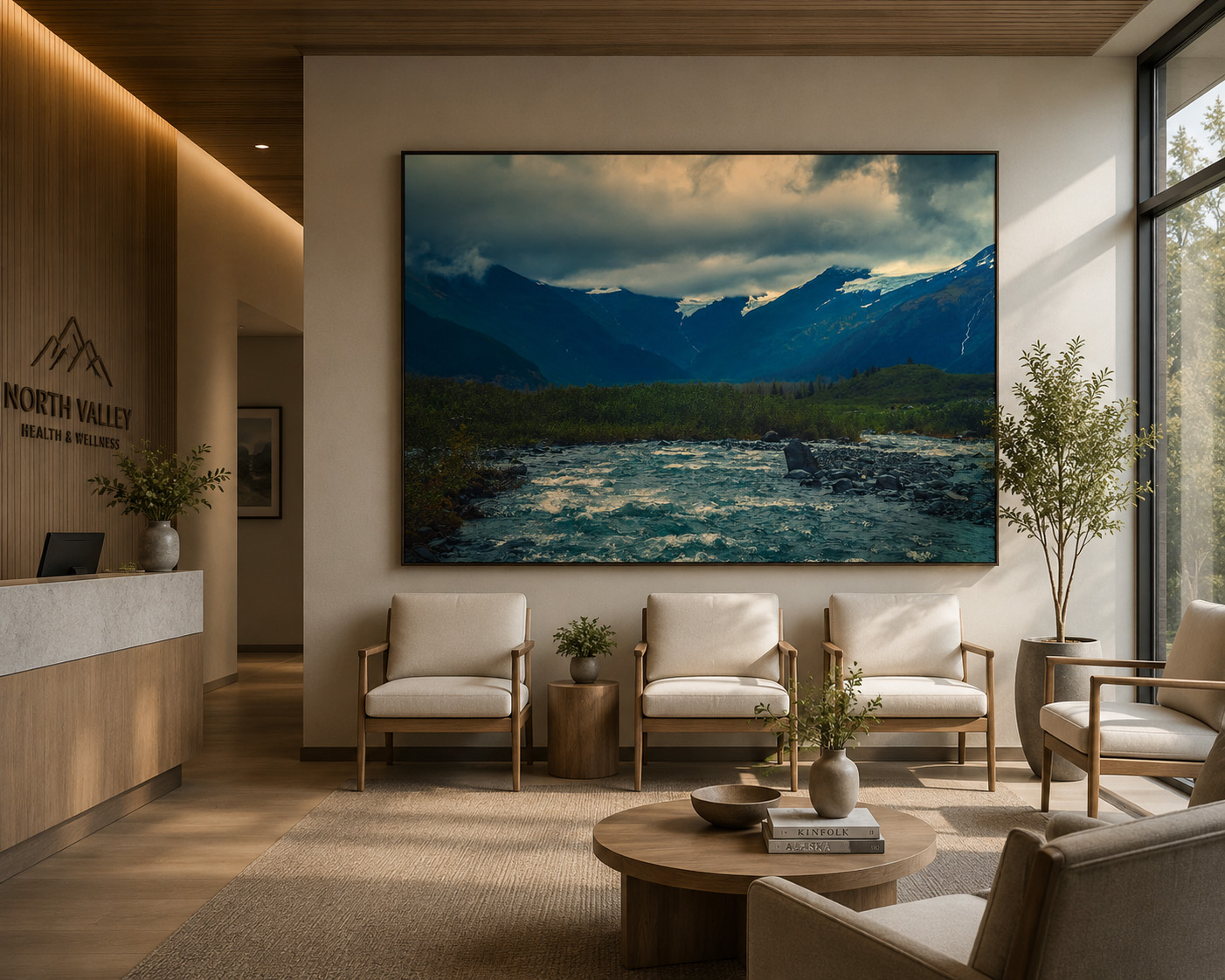Alaska mountain river photography in healthcare wellness lobby interior