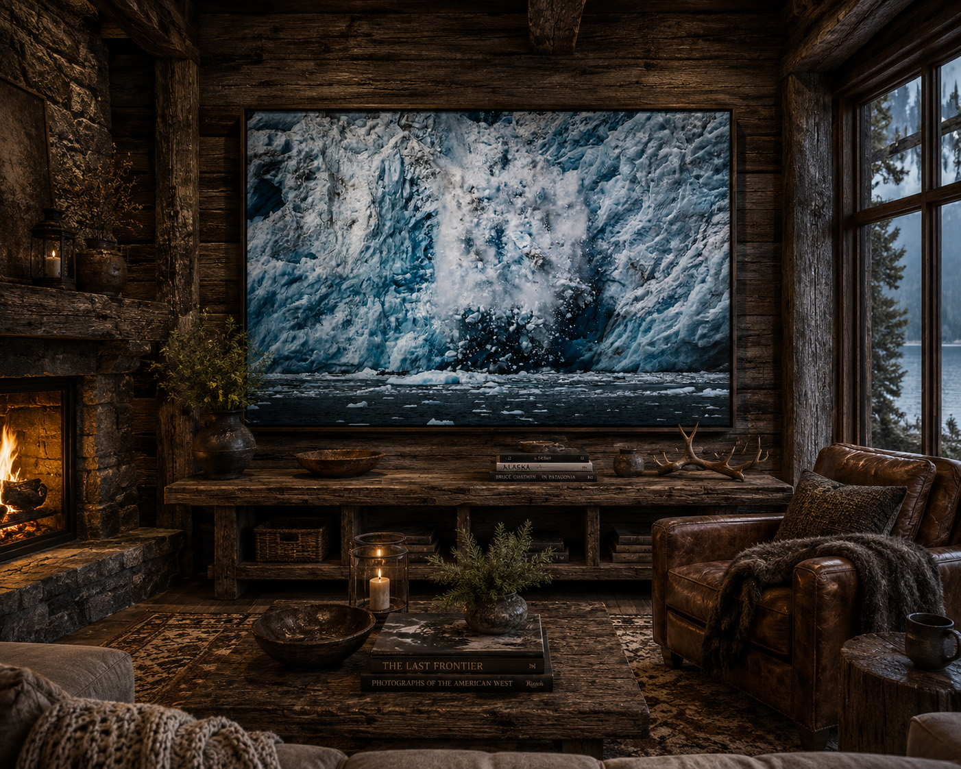 Alaska glacier photography in rustic luxury lodge interior