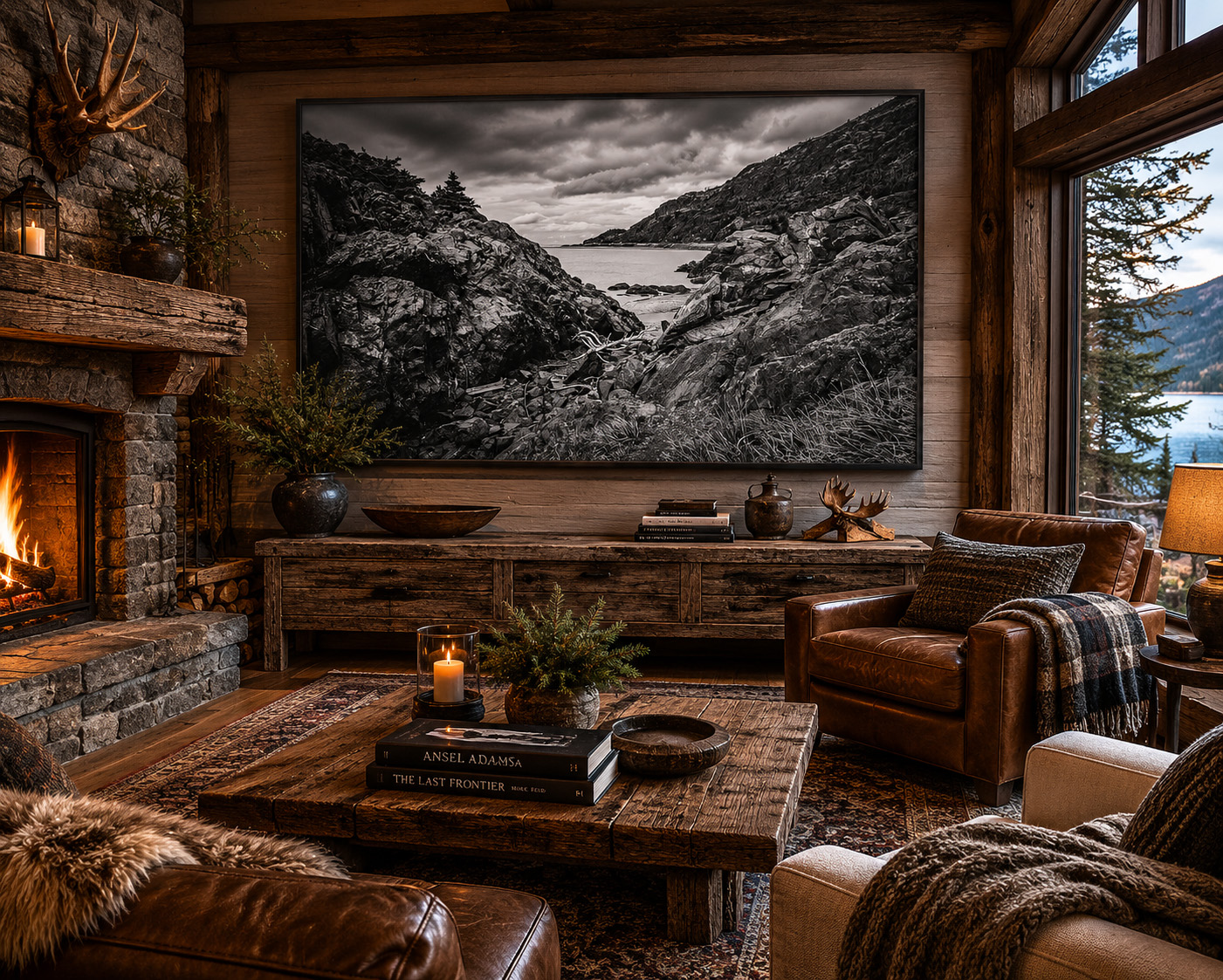 Black and white Alaska photography in luxury cabin interior