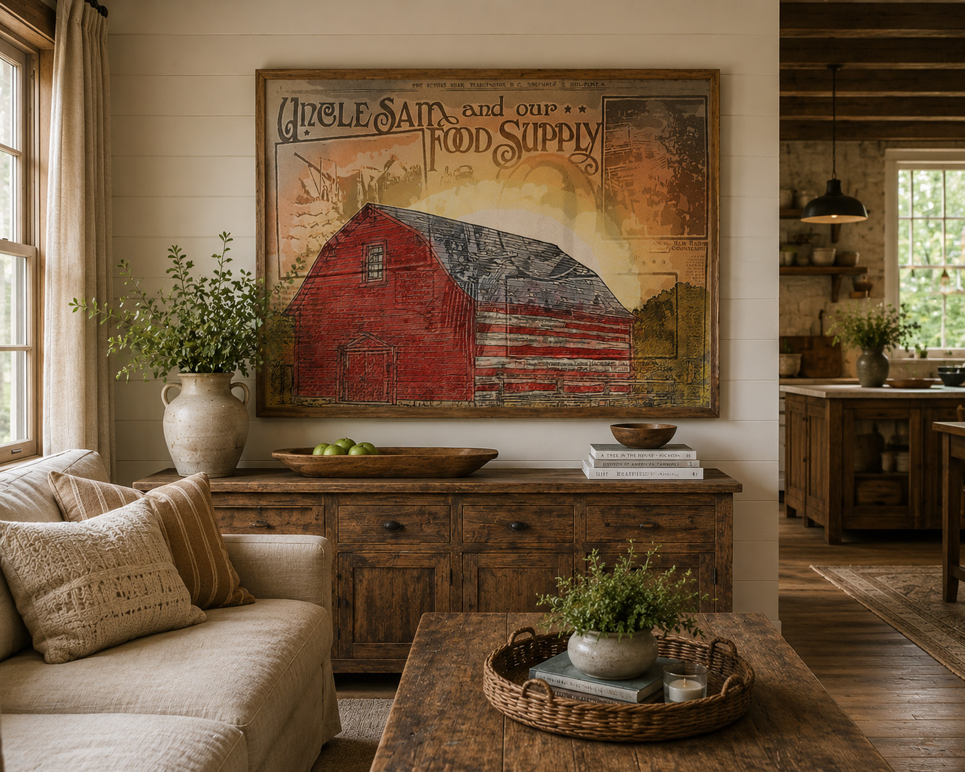 American Farmer Barn mixed media artwork displayed in an interior design mockup