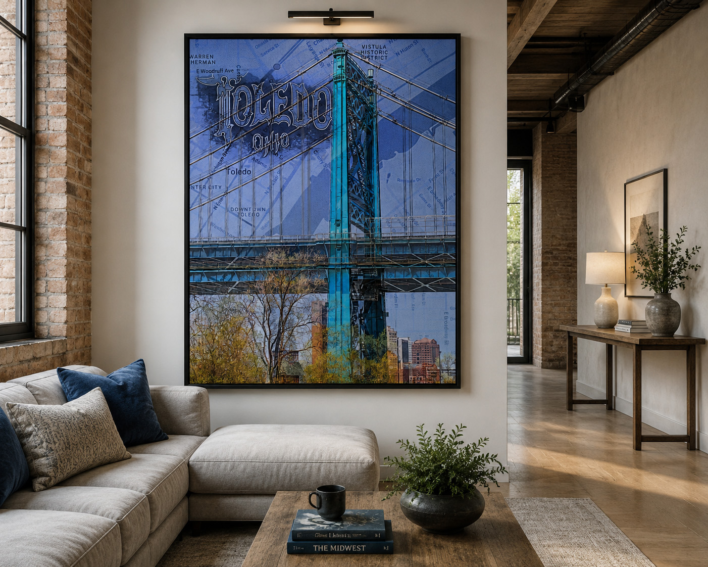 Anthony Wayne Bridge Toledo Map mixed media artwork displayed in an interior design mockup