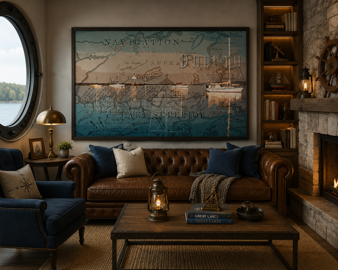 Artist Point Lake Superior Navigation Map mixed media artwork displayed in an interior design mockup