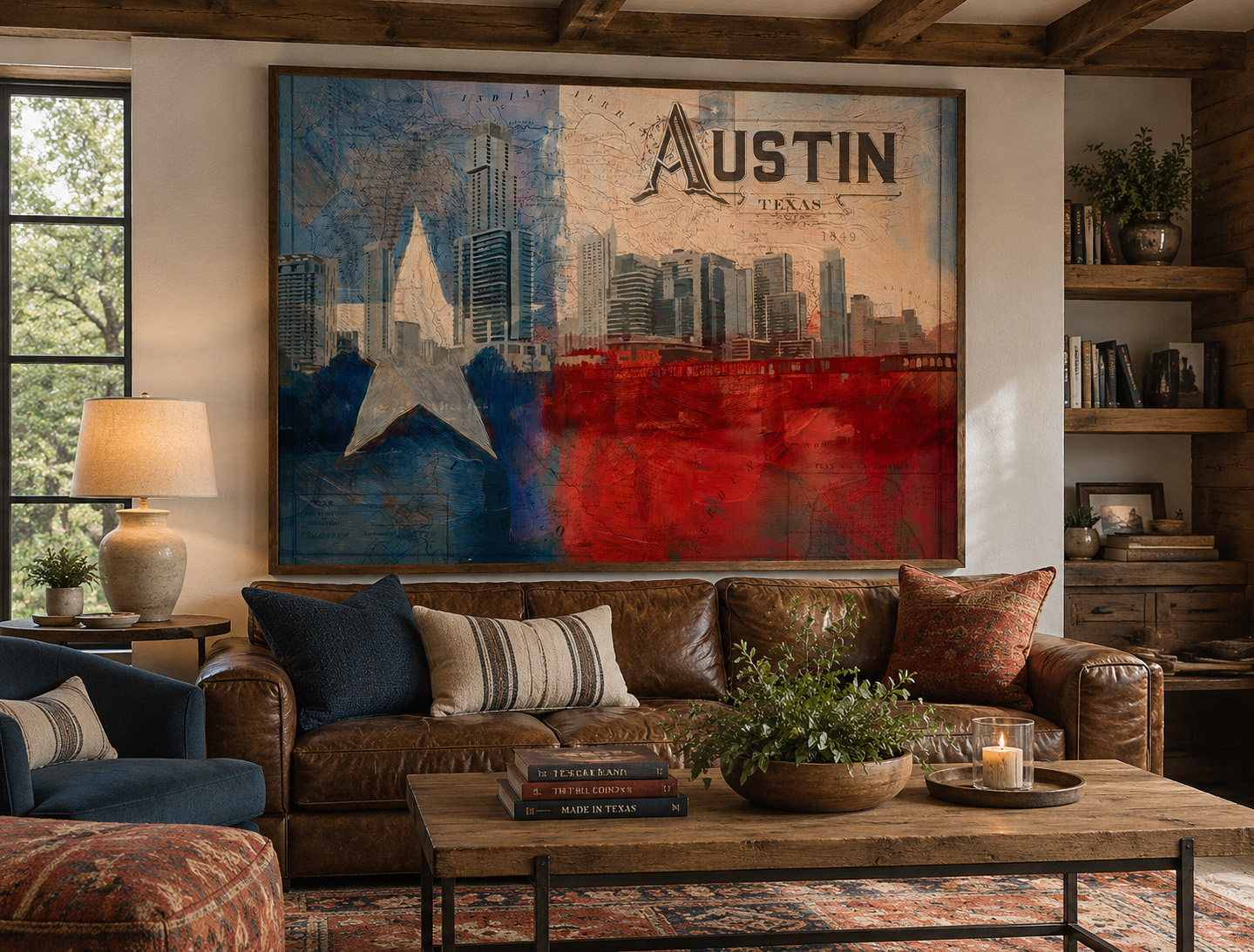 Austin Texas Skyline Map and Flag mixed media artwork displayed in an interior design mockup