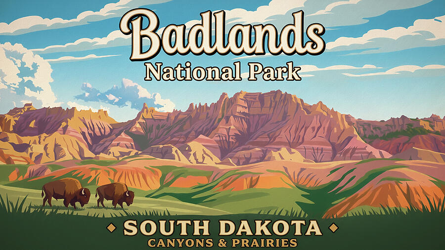 Badlands National Park South Dakota bison vintage travel poster print