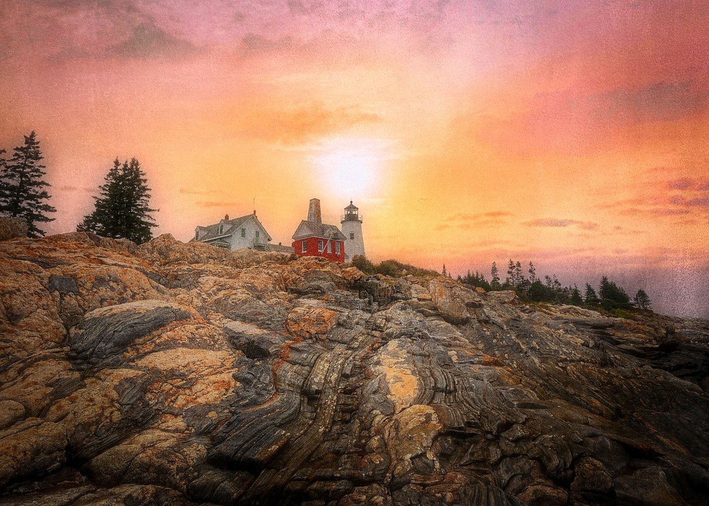 Pemaquid Point Lighthouse Maine sunrise with fine art textured sky — photography print by Dan Sproul