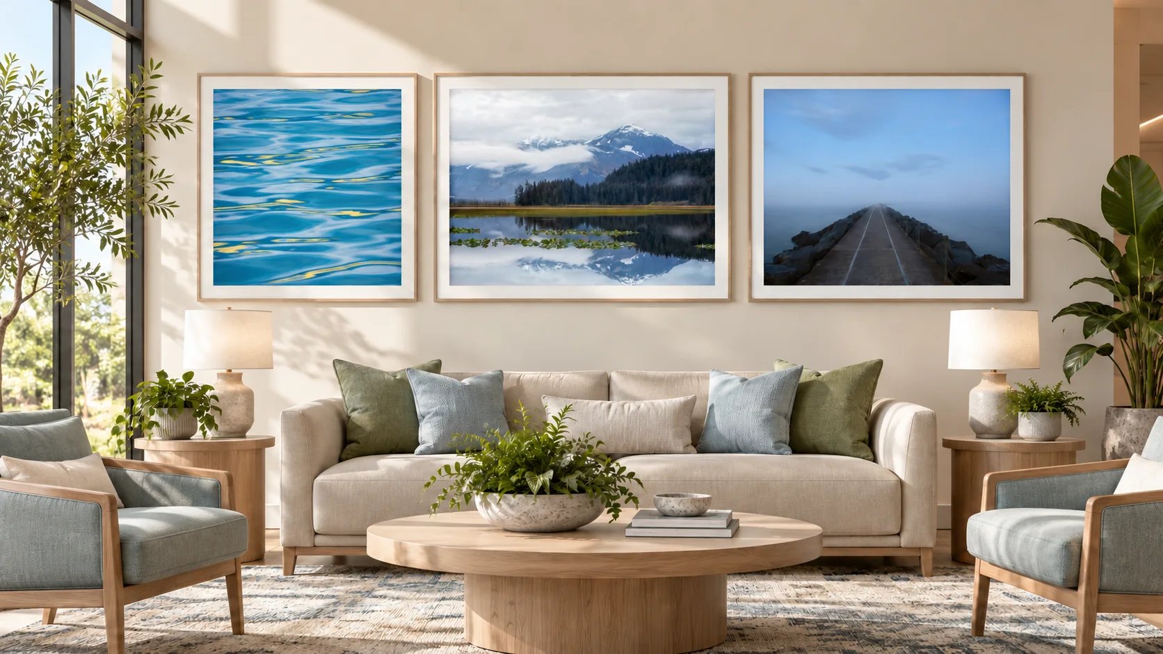 Blue-Green Restorative Landscapes collection displayed in a modern interior