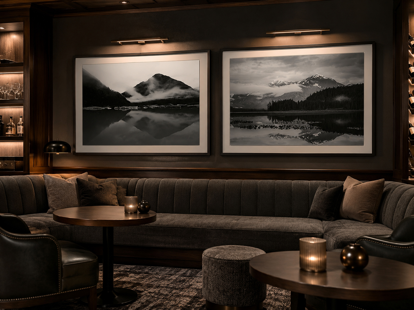 Boutique hospitality lounge with two coordinated black and white mountain landscape photographs by Dan Sproul