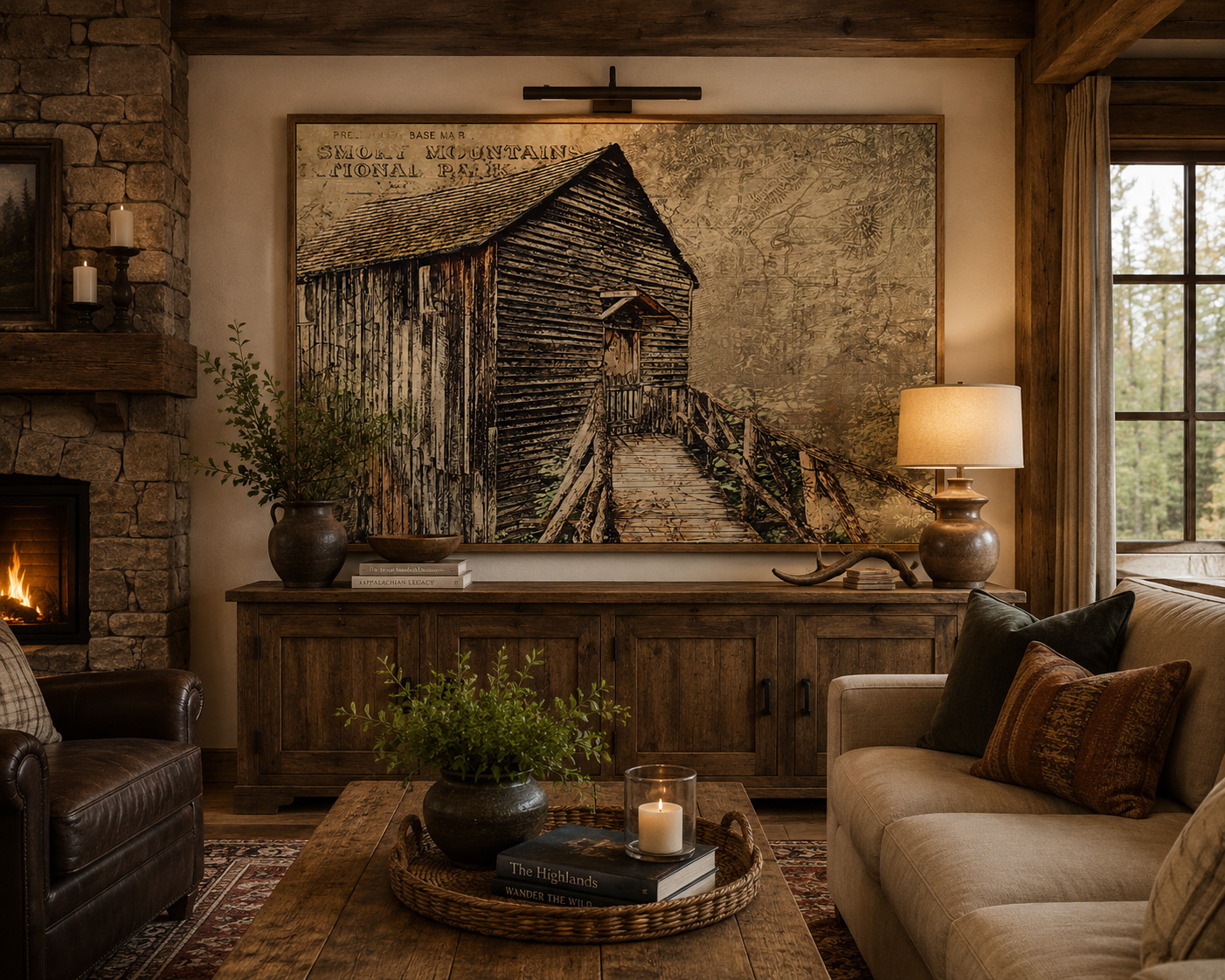 Cades Cove Cable Mill Mixed Media mixed media artwork displayed in an interior design mockup