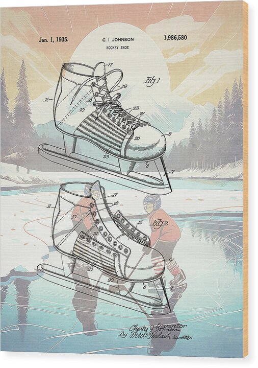 1935 Hockey Shoe Patent - Wood Print