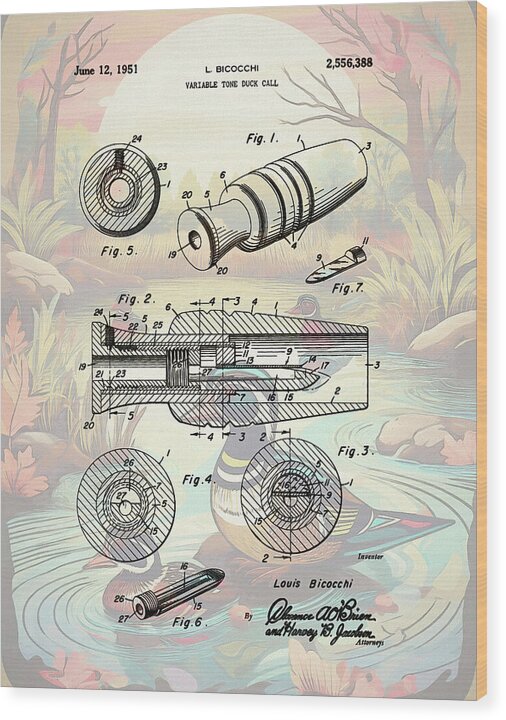 1951 Duck Call Patent - Wood Print