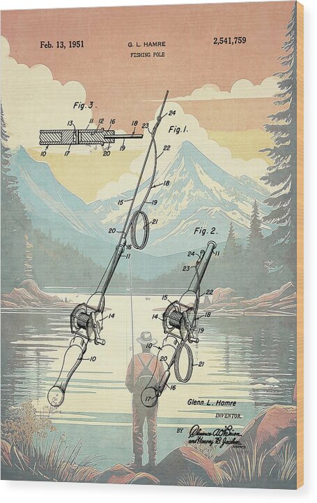 1951 Fishing Pole Patent - Wood Print