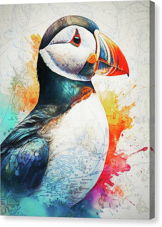 Atlantic Puffin And Maine Coast Map - Canvas Print