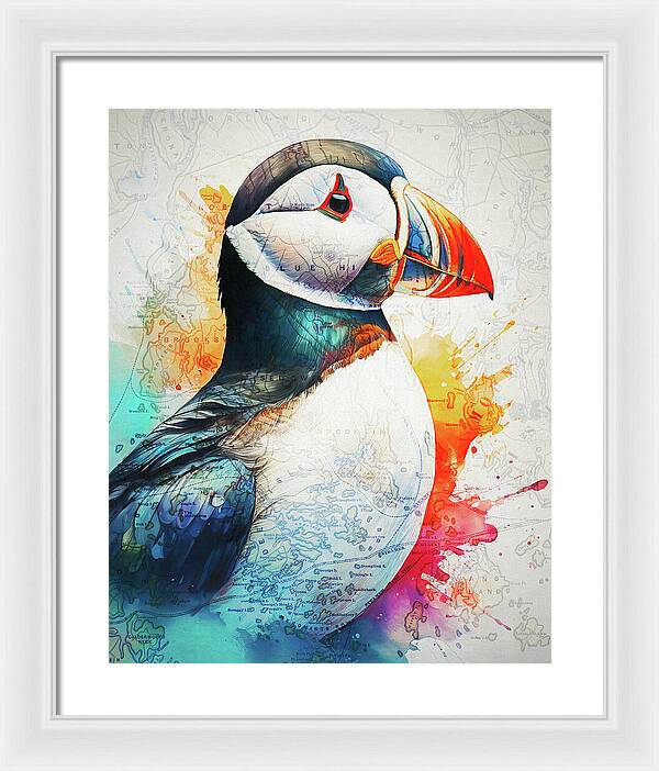 Atlantic Puffin And Maine Coast Map - Framed Print