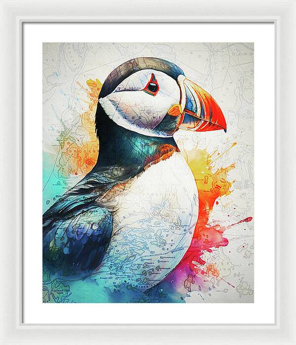 Atlantic Puffin And Maine Coast Map - Framed Print