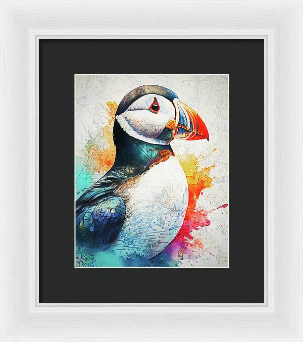 Atlantic Puffin And Maine Coast Map - Framed Print