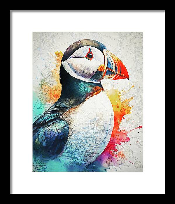 Atlantic Puffin And Maine Coast Map - Framed Print