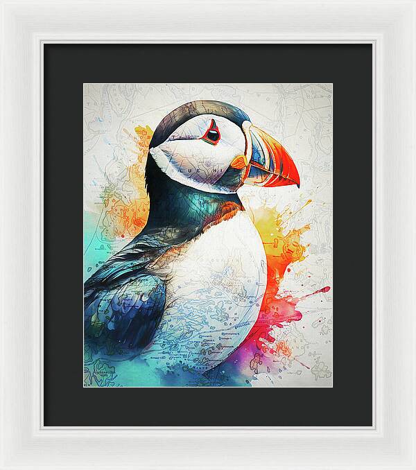 Atlantic Puffin And Maine Coast Map - Framed Print