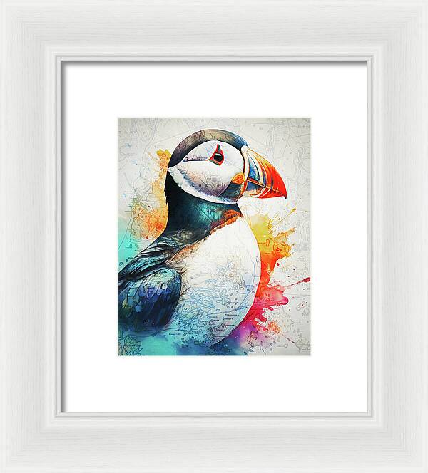 Atlantic Puffin And Maine Coast Map - Framed Print