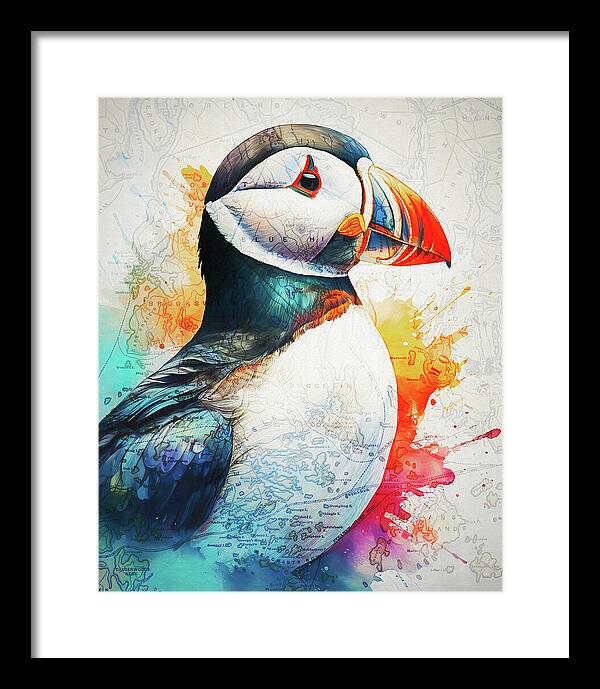 Atlantic Puffin And Maine Coast Map - Framed Print