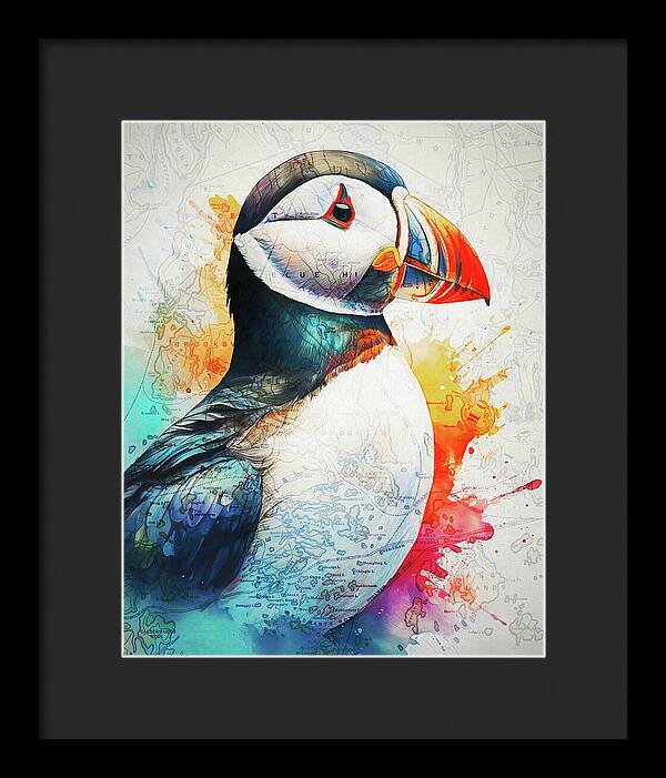 Atlantic Puffin And Maine Coast Map - Framed Print