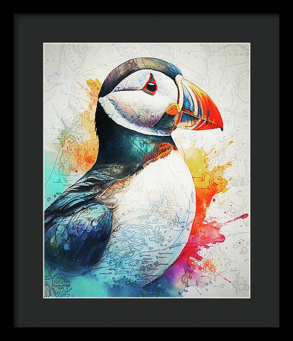 Atlantic Puffin And Maine Coast Map - Framed Print