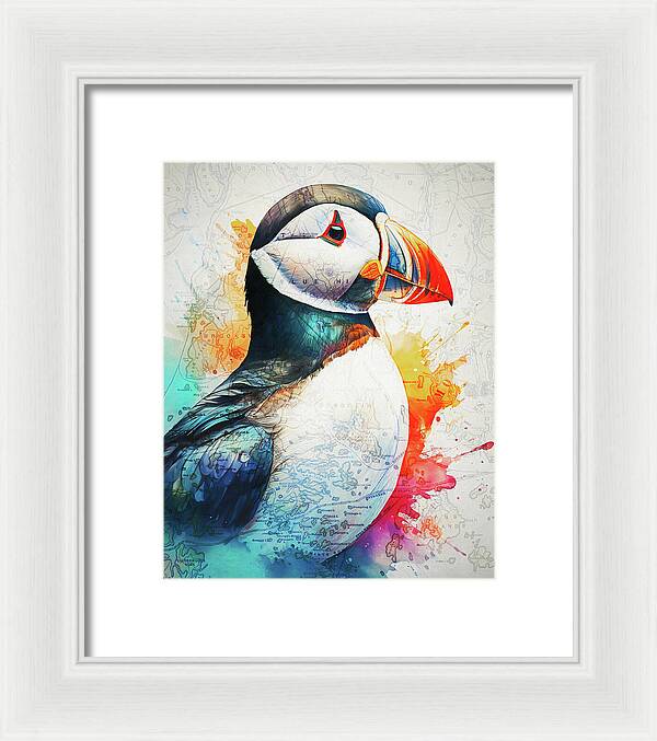 Atlantic Puffin And Maine Coast Map - Framed Print