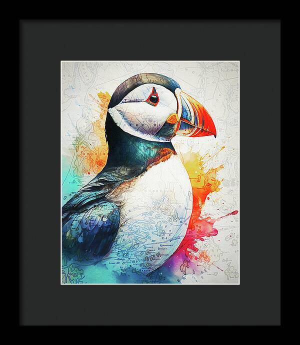 Atlantic Puffin And Maine Coast Map - Framed Print