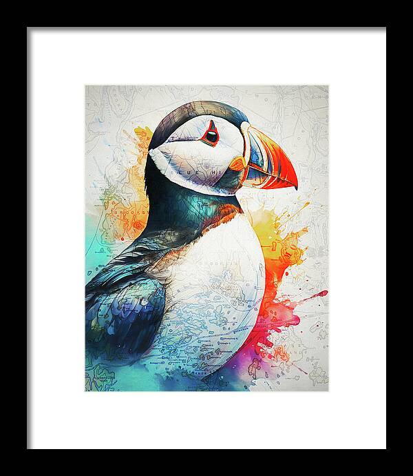 Atlantic Puffin And Maine Coast Map - Framed Print