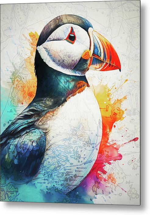 Atlantic Puffin And Maine Coast Map - Metal Print