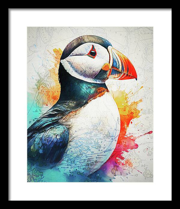 Atlantic Puffin And Maine Coast Map - Framed Print