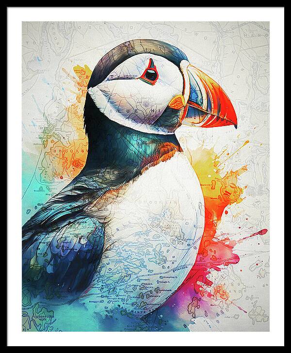 Atlantic Puffin And Maine Coast Map - Framed Print