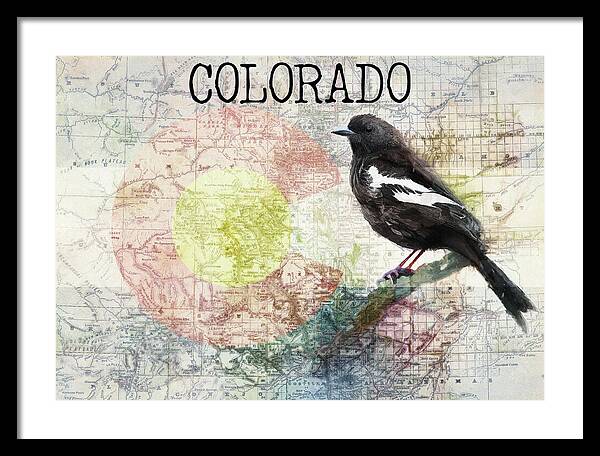 Colorado State Map And Lark Bunting - Framed Print