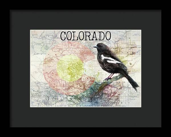 Colorado State Map And Lark Bunting - Framed Print