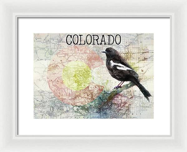 Colorado State Map And Lark Bunting - Framed Print