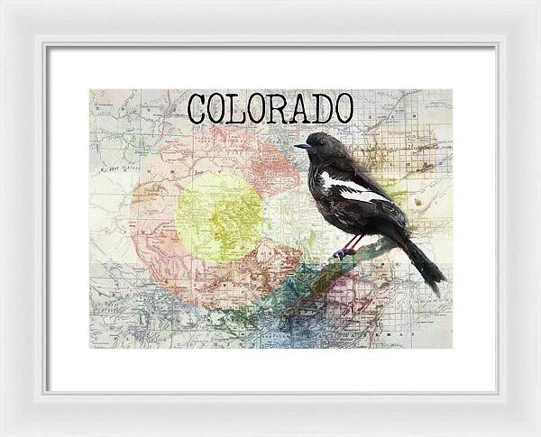 Colorado State Map And Lark Bunting - Framed Print