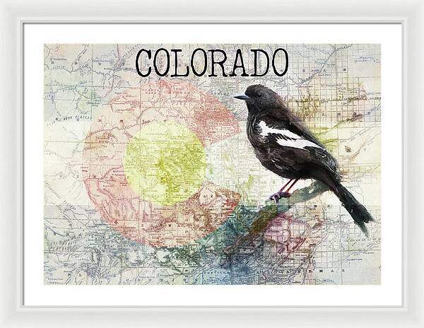 Colorado State Map And Lark Bunting - Framed Print