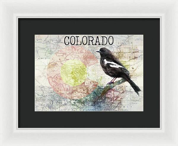 Colorado State Map And Lark Bunting - Framed Print