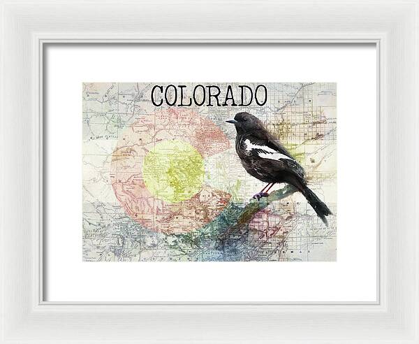 Colorado State Map And Lark Bunting - Framed Print