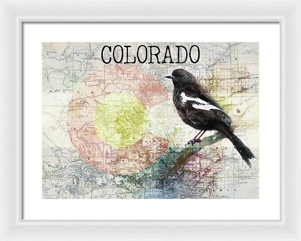 Colorado State Map And Lark Bunting - Framed Print