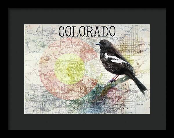 Colorado State Map And Lark Bunting - Framed Print