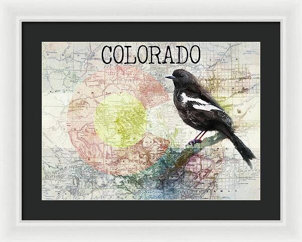 Colorado State Map And Lark Bunting - Framed Print