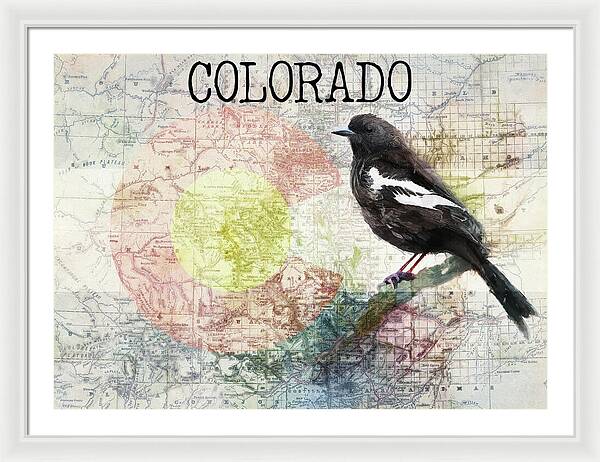 Colorado State Map And Lark Bunting - Framed Print