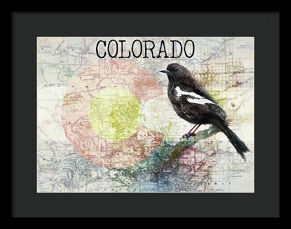 Colorado State Map And Lark Bunting - Framed Print