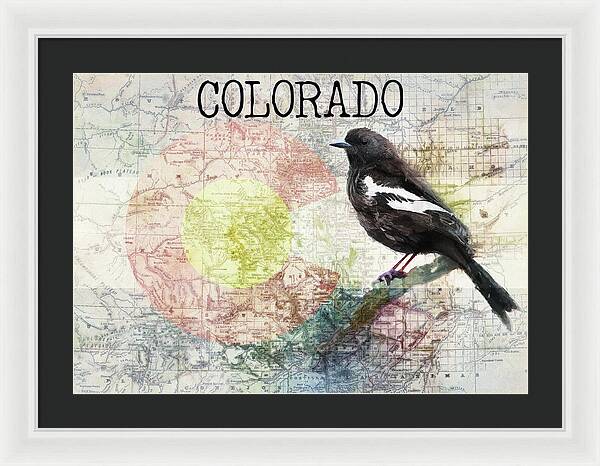 Colorado State Map And Lark Bunting - Framed Print