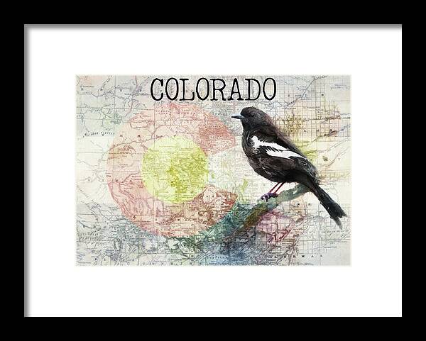 Colorado State Map And Lark Bunting - Framed Print