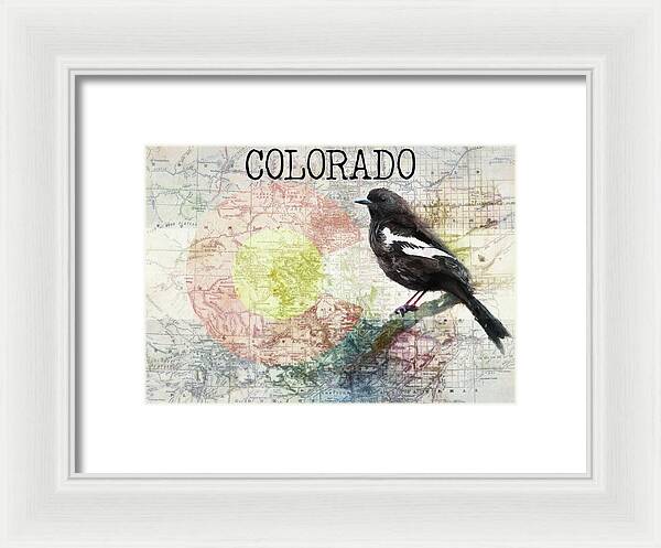 Colorado State Map And Lark Bunting - Framed Print